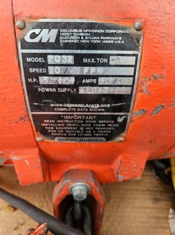 5 Ton, CM #7032, electric chain hoist, 10/3 FPM, 20' Lift, manual trolley, chain bucket, hand control, S/N - Image 10