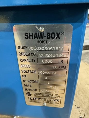 3 Ton, Shaw-Box #80L03030S161R, Electric Cable Hoist, 16 FPM, 4 HP, S/N 98D24839, 1998, 80L03030S161R - Image 8