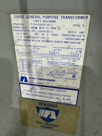 112.5 KVA 460 Delta Primary, 240/120 Secondary, Acme #T-1A-53345-3S, Transformer - Image 4