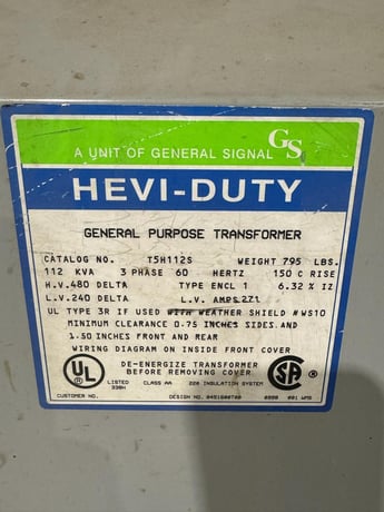 112 KVA 480 Delta Primary, 240 Delta Secondary, Hevy-Duty General Signal #T5H112S - Image 3