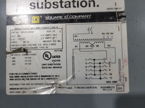 10 KVA 480 Primary, 120/240 Secondary, Square D MPZB10S40F Mini Power Zone Transformer Panel, 3R - Image 2