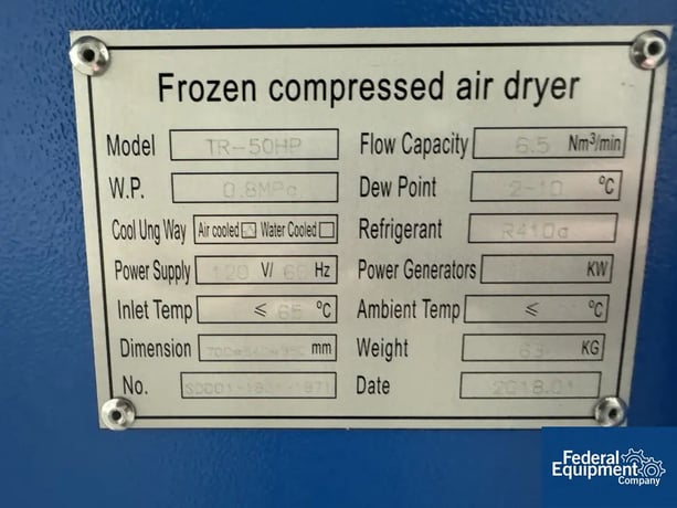 Airtec Frozen Compressed Air Dryer #TR-50HP, A/R, R410A refrigerant, 120 V., S/N SD001-1801-871, 2018 - Image 2