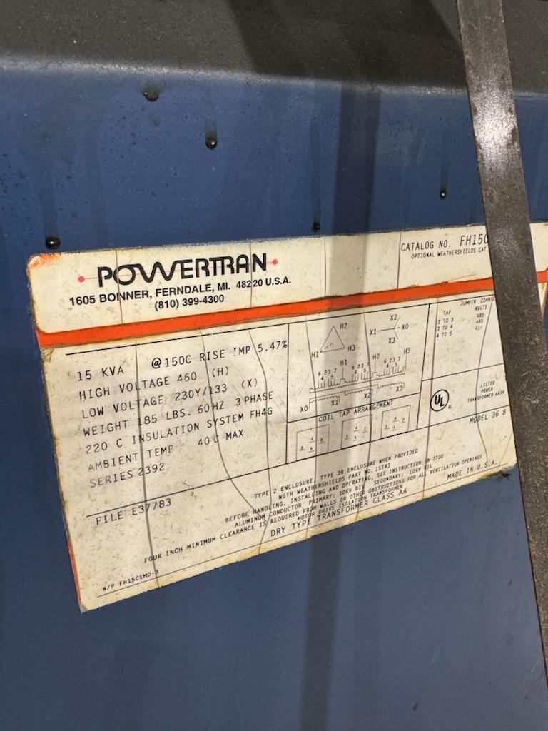15 KVA 460 Primary, 230Y/133 Secondary, Powertran #36B, S/N FH150, 60 Hz, 3 phase - Image 3