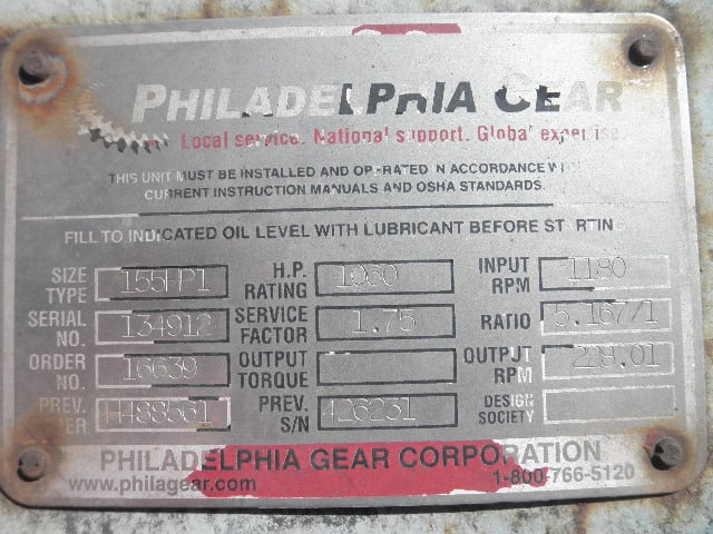 1060 HP @ 1180 RPM, Philadelphia #155HP-1, Parallel Shaft Gear Reducer Gearbox, 228 RPM output, 5.16 :1 - Image 7