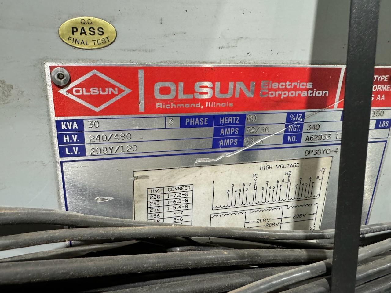 30 KVA 480/240 Primary, 208Y/120 Secondary, Olsun #DP30YC-4, S/N A62933 131017-2 - Image 2