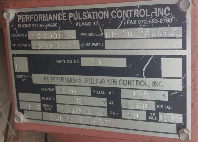 Performance Pulsation #DR-20-1480CS, Pulsation Dampener Cartridge, 1380 psi @ 176 F, 1998 - Image 3