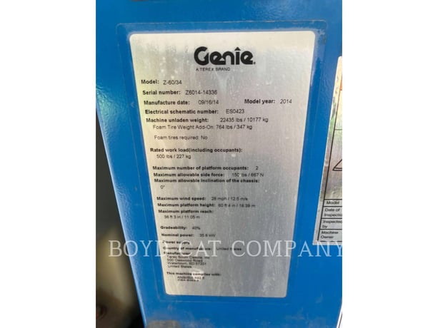 Genie Industries Z60/34 4WD G84, Articulated Boom Lift, 1535 hours, S/N: Z6014-14336, 2014 - Image 6