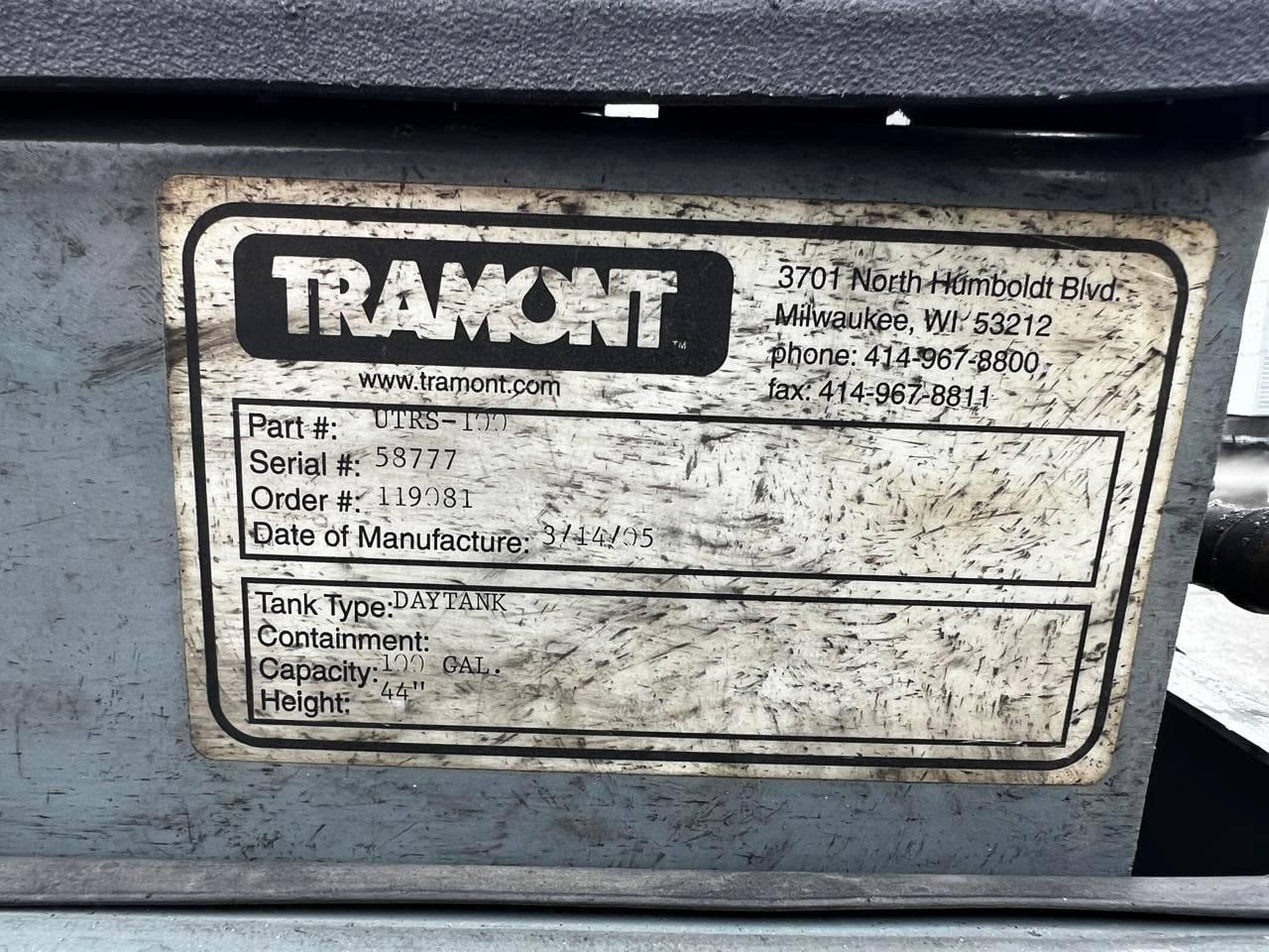 100 gallon Tramont #UTRS-100, Diesel Fuel Tank w/Electric Fuel Pump, Double Wall, Day Tank, 36" L x 36" width - Image 8