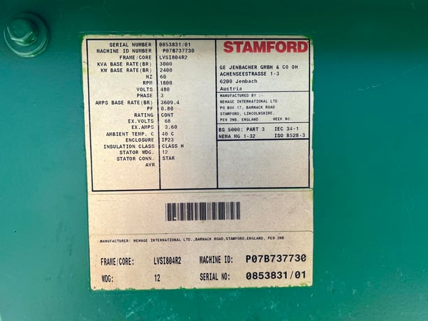 2400 KW, 1800 RPM, Stamford Jenbacher #P07B737730, Generator End, Rblt., 3 phase, 3000 kVA, 480 V, 2007 - Image 10