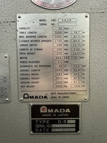 55 Ton, Amada #FBD5020, CNC press brake, NC9-EX CNC Control - Image 4