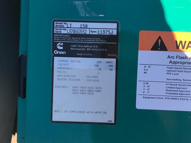 150 Amp. Cummins, Onan LT-150, automatic transfer switch, 480 Volts, 3-phase, 3-poles, 2001 - Image 6