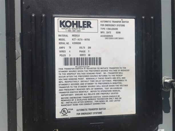 70 Amp. Kohler #KCT-ACTA-0070S, transfer switch, 208 Volts, 3-phase, 3-poles, 2006 - Image 8