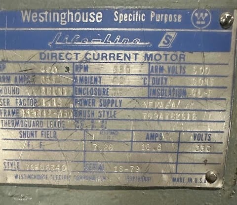 400 HP 650 RPM Westinghouse, Frame BK-846-ASY, Shunt Wound, 500 VA - Image 1