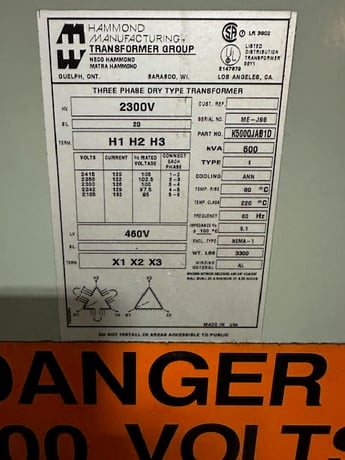 500 KVA 2300 Primary, 460 Secondary, Hammond Manufacturing, 3 Phase, 60 Hz, Dry - Image 2