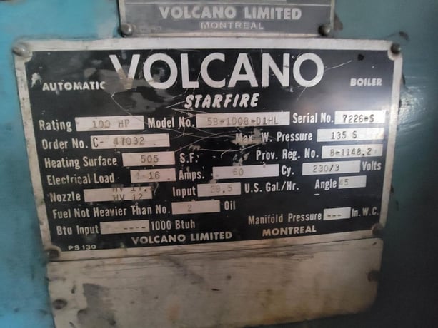100 HP Volcano #5B-100B-D1HL, Boiler, Oil-Fired, 12x42 skid, 29.5 GPH, 505 service factor, 230 V - Image 10