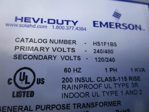 1 KVA 240/480 Primary, 120/240 Secondary, Emerson Hevi-Duty general purpose transformer HS1F1BS, NIB - Image 2