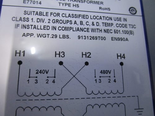 1 KVA 240/480 Primary, 120/240 Secondary, Emerson Hevi-Duty general purpose transformer HS1F1BS, NIB - Image 3