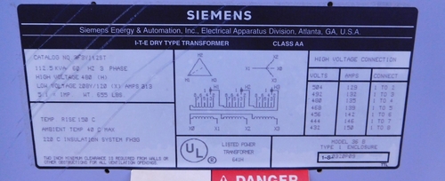 112.5 KVA 480 Primary, 208Y/120 Secondary, Siemens transformer 3F3Y112ST, class AA, 1 yr warranty - Image 3