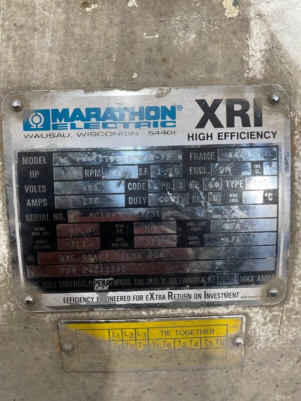 150 HP 1785 RPM Marathon 24CA3380, Frame 444TSD, DP, BB, 171 amps, 3 phase 460 Volts - Image 1