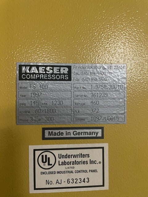 1230 cfm, 110 psig, Kaeser #FS-300, rotary screw air compressor, 300 HP, 1800 RPM, water cooled, 1997 - Image 10