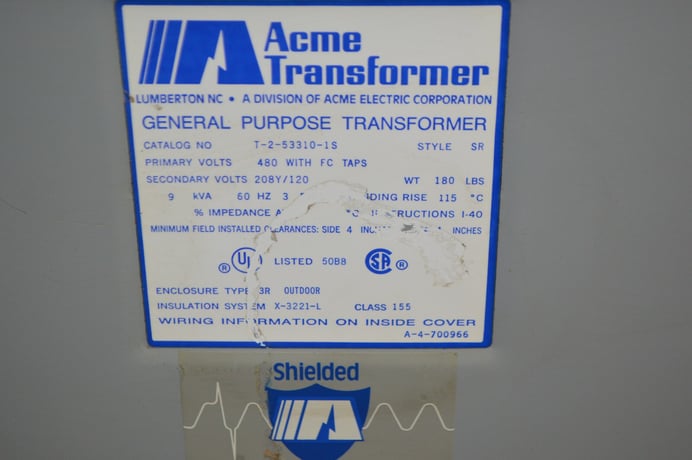 9 KVA 480 Primary, 208Y/120 Secondary, Acme #T-2-53310-1S, General Purpose Transformer - Image 4