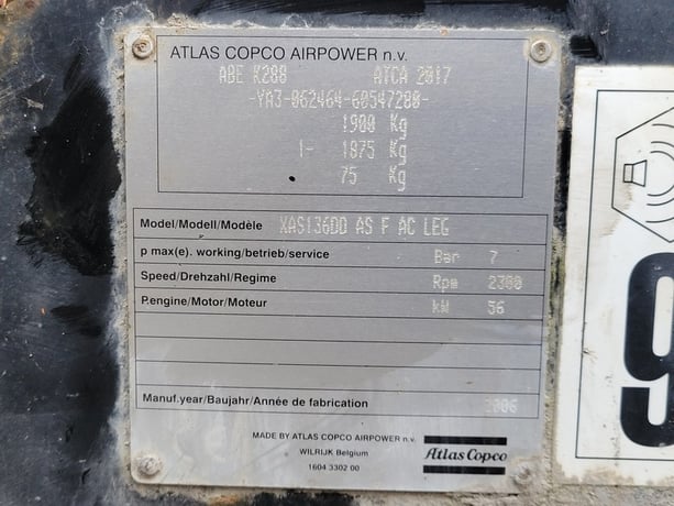 286 cfm, 101 psi, Atlas Copco #XAS136DD-AS-F AC-LEG, portable diesel air compressor, 2006 - Image 2