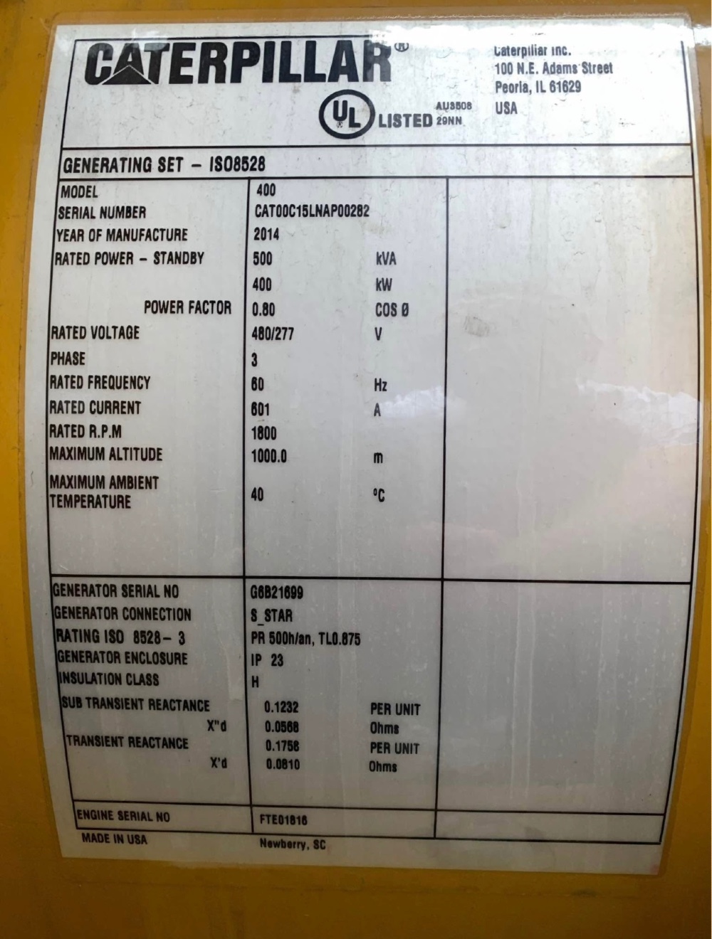 400 KW Caterpillar #C15, generator set, enclosed with tank, 277/480 Volts, 2014 - Image 6