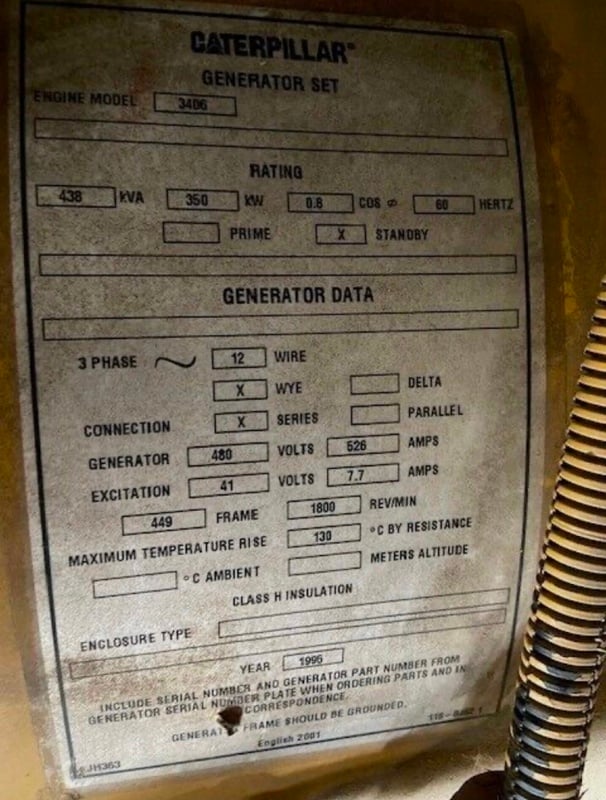 350 KW Caterpillar #3406, generator set, weatherproof enclosure, 277/480 Volts, 1996 - Image 5
