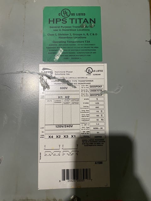 5 KVA 600 Primary, 240/120 Secondary, Hammond Q005PEKT, transformer, Nema 3R - Image 2