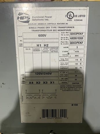 3 KVA 600 Primary, 120/240 Secondary, Hammond #Q003PEKF, transformer - Image 2