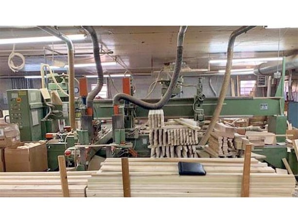 Koch #SBD-B, feed thru double end trim, bore & dowel boring machine, 1.18" x 9.8" x 98.4" capacity, 1984 - Image 1