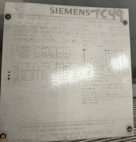 333 KVA Siemens single phase voltage regulator, 7.2/7.96 kV w/quick disconnect 10' cables (Various - Image 3