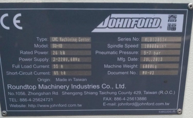 Johnford #SV-40, CNC vertical machining center, 41" X, 20" Y, 24" Z, 47" x20" table, Cat 40, 10000 RPM, 24 - Image 9
