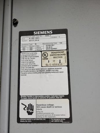 1200 Amp. Siemens, SB Rev A, Switchgear, 480Y/277 Volts 3PH 4W SHND69120AG Breaker 3R - Image 3