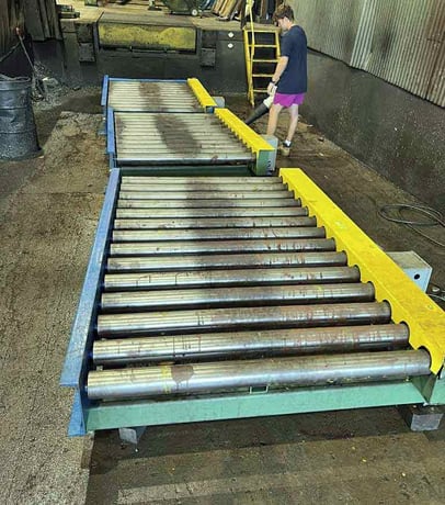 20000 lb. Braner Conveyor, banding line, (2) sections of storage conveyor, 4" diameter x 52" face rolls - Image 6