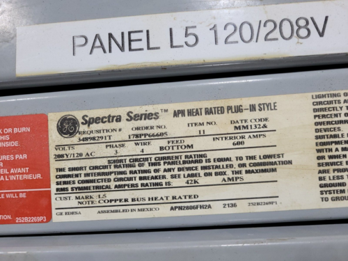 600 Amp. General Electric, APN, Spectra Series Panelboard, 208Y/120 Volts AC 3PH 4W - Image 2