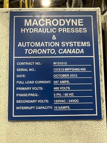 400 Ton, Macrodyne #MPFG400/400, hydraulic forging press, 32" stroke, 56" DL, 200 HP, 2013 - Image 3