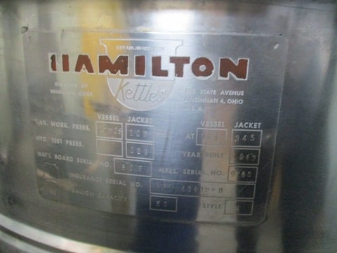 50 gallon Hamilton, Stainless steel kettle, jacketed, agitated, 125 psi, 1963 - Image 3