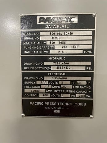 300 Ton, Pacific #300-OBL-10/60, straight side hydraulic press, 12" stroke, 50 HP, 2017 - Image 2