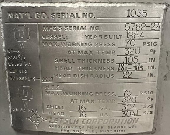 50 gallon Letsche, Reactor, 304 Stainless Steel, 70 psi @ 320&deg;F, 0.105" shell thickness, 1984 - Image 2