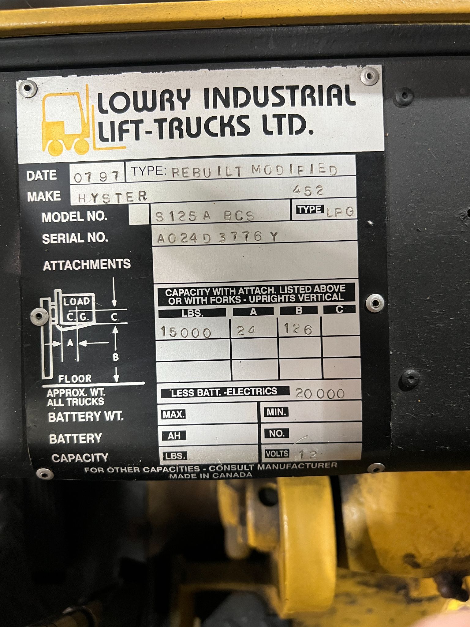 15000 lb. Hyster #S125A-BCS, LP gas forklift, 126" lift height, 24" load centers, 60" forks, cushion tires - Image 4