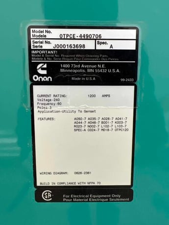 1200 Amp. Cummins OTPCE-4490706, 3-pole automatic transfer switch, 240 Volts, Nema 1, 2000 - Image 2