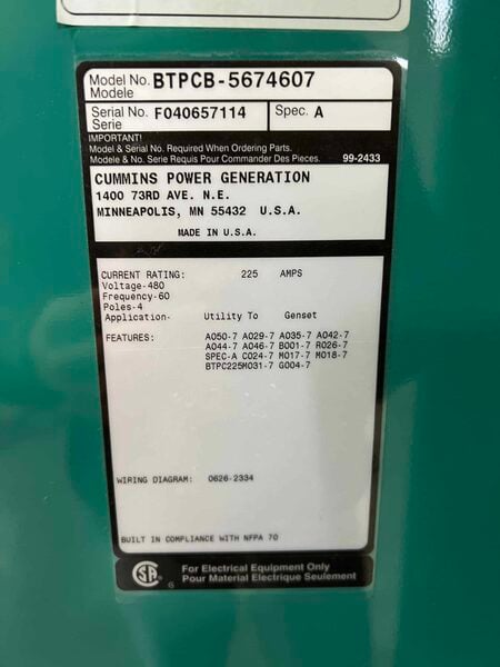 225 Amp. Cummins BTPCB-5674607, 4-pole automatic transfer switch, 480 Volts, 2004 - Image 3