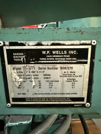 9" x 17" W.F. Wells #W-9-1, horizontal bandsaw, 70-380 FPM, 138" x 1" x .035"blade size, 3 HP - Image 6