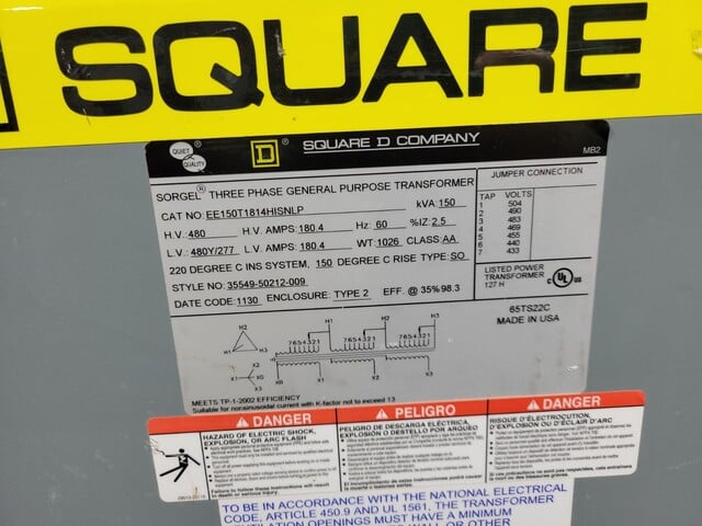 150 KVA 480 Primary, 480Y/277 Secondary, Square D #EE150T1814HISNLP - Image 2