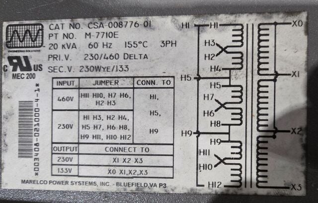 20 KVA 460/230 Primary, 230Y/133 Secondary, Marelco Power Systems #M-7710E, Transformer, 3 Phase, 60 Hz - Image 4