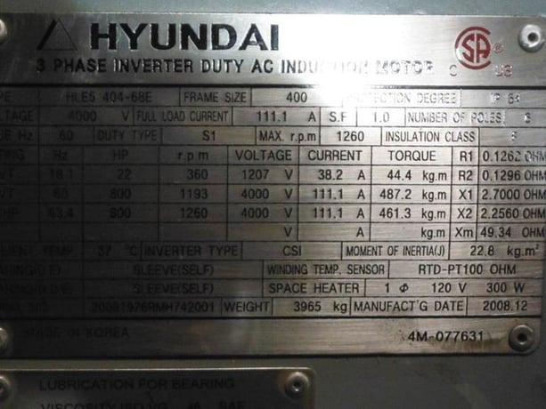 800 HP 1200 RPM Hyundai, Frame 400, TEFC, sleeve bearing, 2008 - Image 2