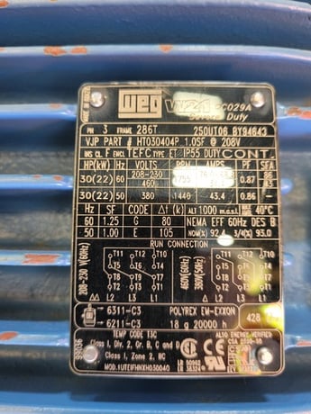 30 HP 1755 RPM WEG #W21, Frame 286T, TEFC, 1.0 service factor @ 208 Volts - Image 5
