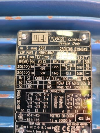 30 HP 1755 RPM WEG #W21, Frame 286T, TEFC, 1.0 service factor @ 208 Volts - Image 6
