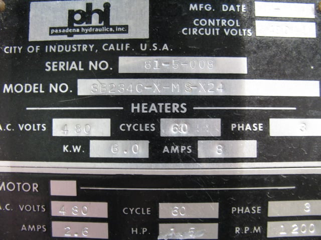 25 Ton, PHI, 12.5" x12.5", elec.heat/water cool, 8.5" daylight, 6" stroke, 1.5 HP, 1700 pounds, #2000 - Image 4